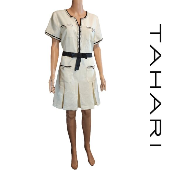 Tahari ASL Contrast Trim Short Sleeve Dress Black & White Size 12- Small Spot - Picture 1 of 15